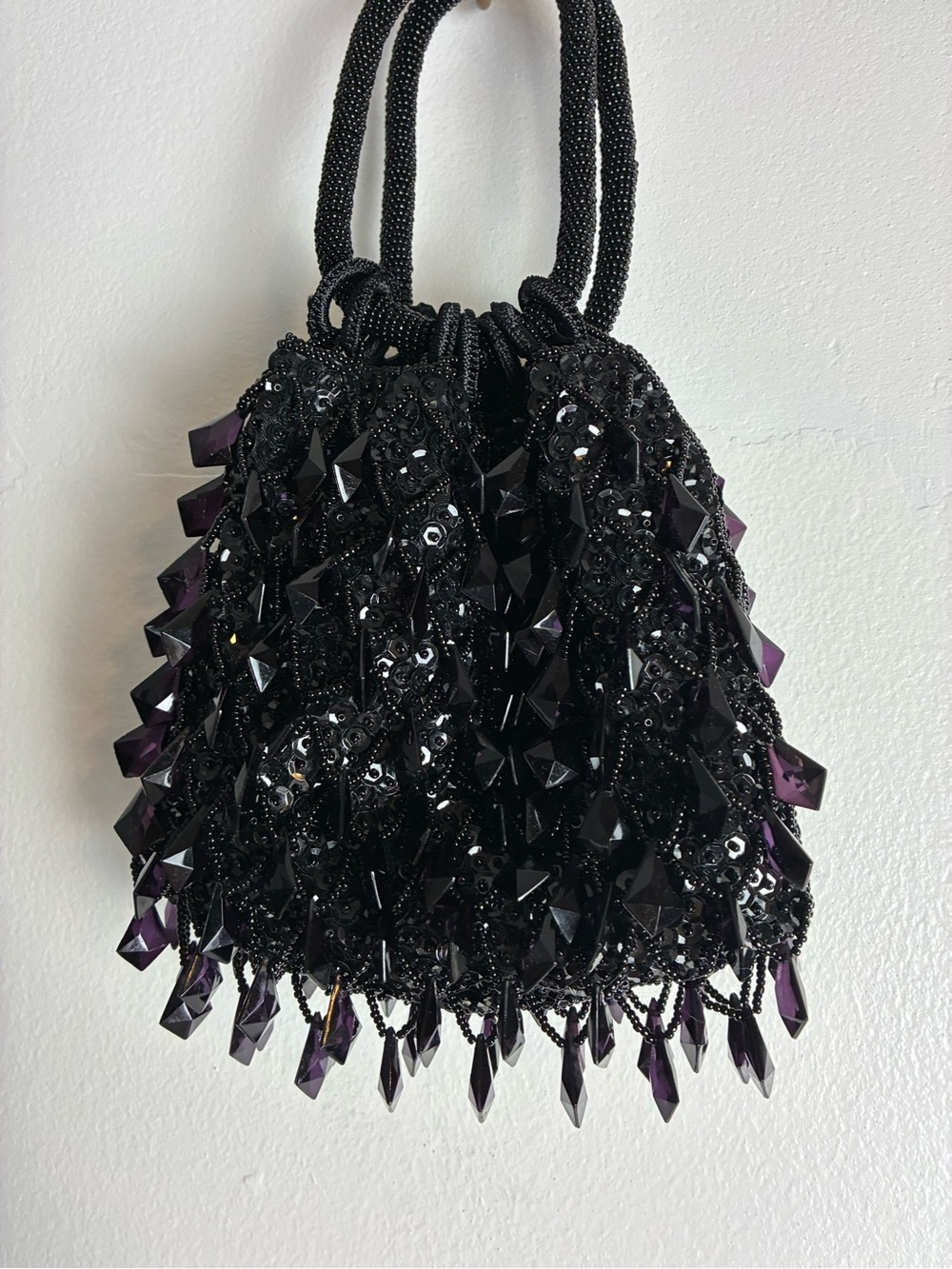La Regale Black Mini Beaded Evening Bag with Purple Crystal Drops